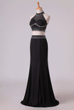 2024 Black Halter Two-Piece Beaded Bodice Mermaid Open Back Prom Dresses Spandex & Tulle Floor P4ZELFEL