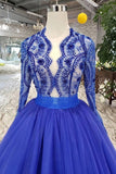 2024 Long Sleeves V Neck Prom Dresses Tulle With Applique A PA9YBZCC