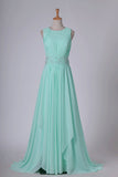 2024 Mint Prom Dresses A-Line Bateau Chiffon With Beads And Ruffles PFYQB2GA