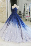 Ombre Ball Gown Royal Blue Prom Dresses With Appliques, Long V Neck Quinceanera Dresses STI15275