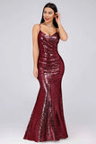 Sexy Spaghetti Straps Burgundy Sequins V Neck Party Dresses Mermaid Prom Dresses STI15358