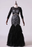 2024 Black Mermaid Evening Dresses Scoop Open Back Long Sleeves Tulle & Lace With PK5DE6KN