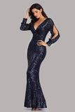 Long Split Sleeve Mermaid V Neck Dark Navy Blue Sequins Prom Dresses, Formal Dress STI15256