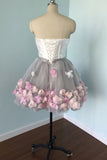 Cute Gray Strapless Tulle Homecoming Dresses with Flowers Short Sweet 16 Dresses STI14971