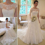 Long A-Line Round Neck Illusion White Lace Wedding Party Dresses