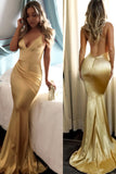 Elegant Mermaid Short Train Spaghetti Straps Long Sexy Gold V Neck Prom Dresses