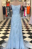 Mermaid Spaghetti Straps Light Blue Prom Dress with Appliques, Evening Dresses STI15266