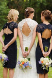 Sheath Navy Blue Open Back Lace Bridesmaid Dresses Wedding PG2417PD