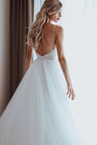 Elegant Tulle Spaghetti Straps V Neck Beaded Appliqued A-line Wedding Dresses STI15208