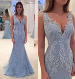 Sexy Deep V-neck Lace Appliques Open Back Backless Custom Made Long Prom Dresses