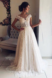 A Line Cap Sleeve Lace V Neck Chiffon Ivory Beads Wedding Dresses, Wedding Gowns STI14996