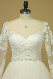 2024 Plus Size Bateau Wedding Dresses 3/4 Length Sleeve With Applique PYCXKHN9