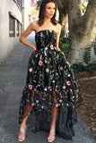 Strapless Black High Low Flowy Embroidery Prom Dresses PZFJTMND