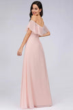 Charming Off Shoulder Ruffle Pink Chiffon Long Prom Dresses Bridesmaid Dresses STI15114