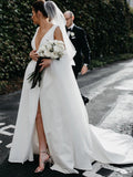 Stunning V-Neck Satin Straps Ivory Wedding Dresses A-line Bridal Gowns with Pockets V Back STI14983