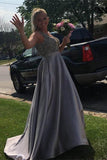 Modest Long A-Line Beading Satin Open Back Prom Dresses PYFZGPRR