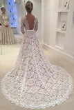 A-Line Backless Bowknot Scalloped Ivory Long Sleeve Backless Lace Wedding Dresses