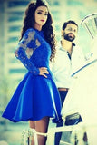 A-Line Princess Jewel Long Sleeves Applique Short Satin Royal Blue Homecoming Dress