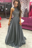 Grey Halter Open Back Chiffon A-Line Rhinestone Beaded Top Dark Long Prom Dresses