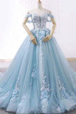 Princess Light Blue Sweetheart Tulle Appliques Off the Shoulder Ball Gown Prom Dresses