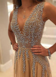 Stunning Sleeveless V Neck Open Back With Beading Prom Dresses