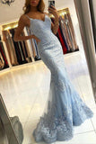 Chic Sky Blue Mermaid Spaghetti Straps Lace Long Prom Dresses