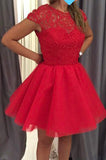 Impressive Red Open Back Round Neck Lace Appliques Homecoming Dresses