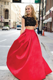 Charming Red And Black Two Pieces Lace Floor Length Prom Dresses Evening Dresses