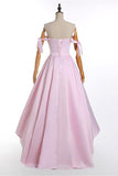 A-Line Pink Off the Shoulder Sweetheart Satin Lace up Hi-Lo Prom Homecoming Dresses