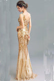 Fashion Sparkly Golden Sequins Mermaid Backless Sleeveless Floor-Length V-Neck Prom Dresses