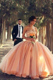 Blush Pink Tulle Ball Gown Sweetheart Bridal Gowns With Rhinestones Quinceanera Dresses