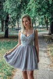 A Line Sweetheart Strapless Straps Tulle Beaded Grey Short Homecoming Dresses with Appliques