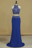 2024 Two Pieces High Neck Beaded Bodice Spandex Prom Dresses Dark P2STSY3Y