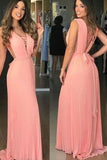 Elegant V Neck Chiffon Coral Straps V Neck Prom Dresses with Belt, Long Evening Dresses STI15212