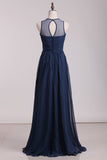 2024 Prom Dresses Scoop Chiffon With Ruffles A Line Dark Navy Floor P369P36P