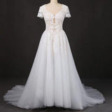 A-line Short Sleeves Beads V Neck Lace Applique Wedding Dresses, Bridal Dress STI15051