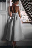 Unique Tea Length Satin Party Dress Spaghetti Straps Backless Prom STIPJX62HDM