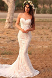 Charming Mermaid Lace Applique Sweetheart Sleeveless Wedding Dresses, Country Bridal Dresses STI15107