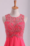 2024 Water Melon Prom Dresses Scoop A Line Beaded Bodice Open Back Chiffon & PXCLZ7BH