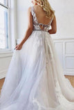 A Line Deep V-Neck Backless White Tulle Prom Dress With Appliques, Evening Dresses STI14997