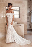 Elegant Off the Shoulder Ivory Lace Mermaid Beach Wedding Dress, Cheap Bridal Dress STI15188