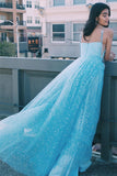 Charming A Line Spaghetti Straps Blue Tulle Prom Dresses with Stars, Dance Dresses STI15503