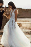 A-Line Deep V-Neck Sweep Train Tulle Ivory Wedding Dress with Appliques Split STI15049