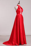 New Arrival Halter A Line Evening Dresses Satin Sweep STIPXRSZSBM