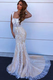 Charming Mermaid Square Neck Straps Lace Wedding Dresses, Bridal STI15631