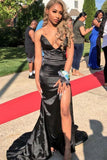 Sexy Strapless Mermaid V Neck Black Prom Dresses with Slit Sleeveless Long Evening Dress STI15362