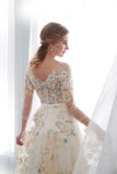 Charming A Line Floral Scoop Prom Dresses 3/4 Sleeves Empire Waist Long Evening Gowns STI15088