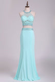 2024 Two-Piece Halter Beaded Bodice Open Back Prom Dresses PSNMCA4C