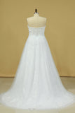 2024 Plus Size Sweetheart Beaded Bust Empire Waist A Line Wedding Dress Chapel Train Tulle With PTPESE83