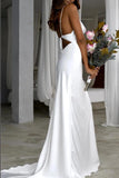 Elegant Mermaid Cowl Neckline White Simple Wedding Dresses, Spaghetti Straps Bridal Dress STI15177